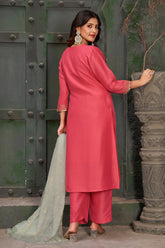 Embroidered Art Silk Rouge Pink Kurta Set with Trousers and Dupatta-CL-KPD-140
